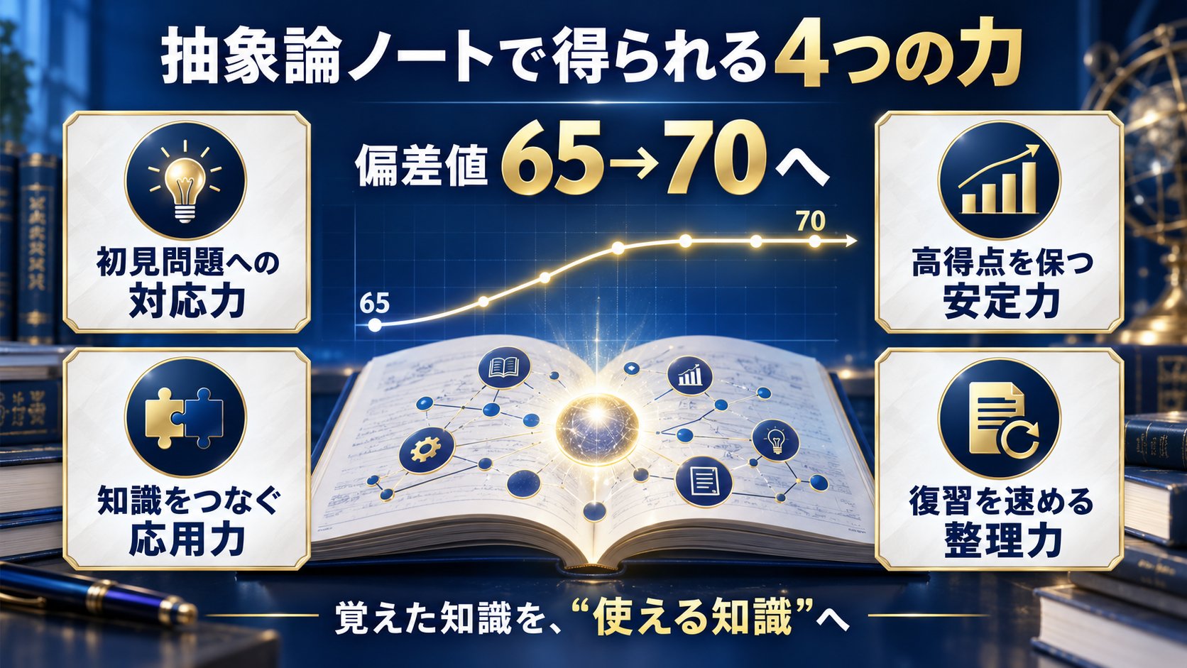 抽象論ノートで得られる4つの力:初見問題への対応力、知識をつなぐ応用力、高得点を保つ安定力、復習を速める整理力