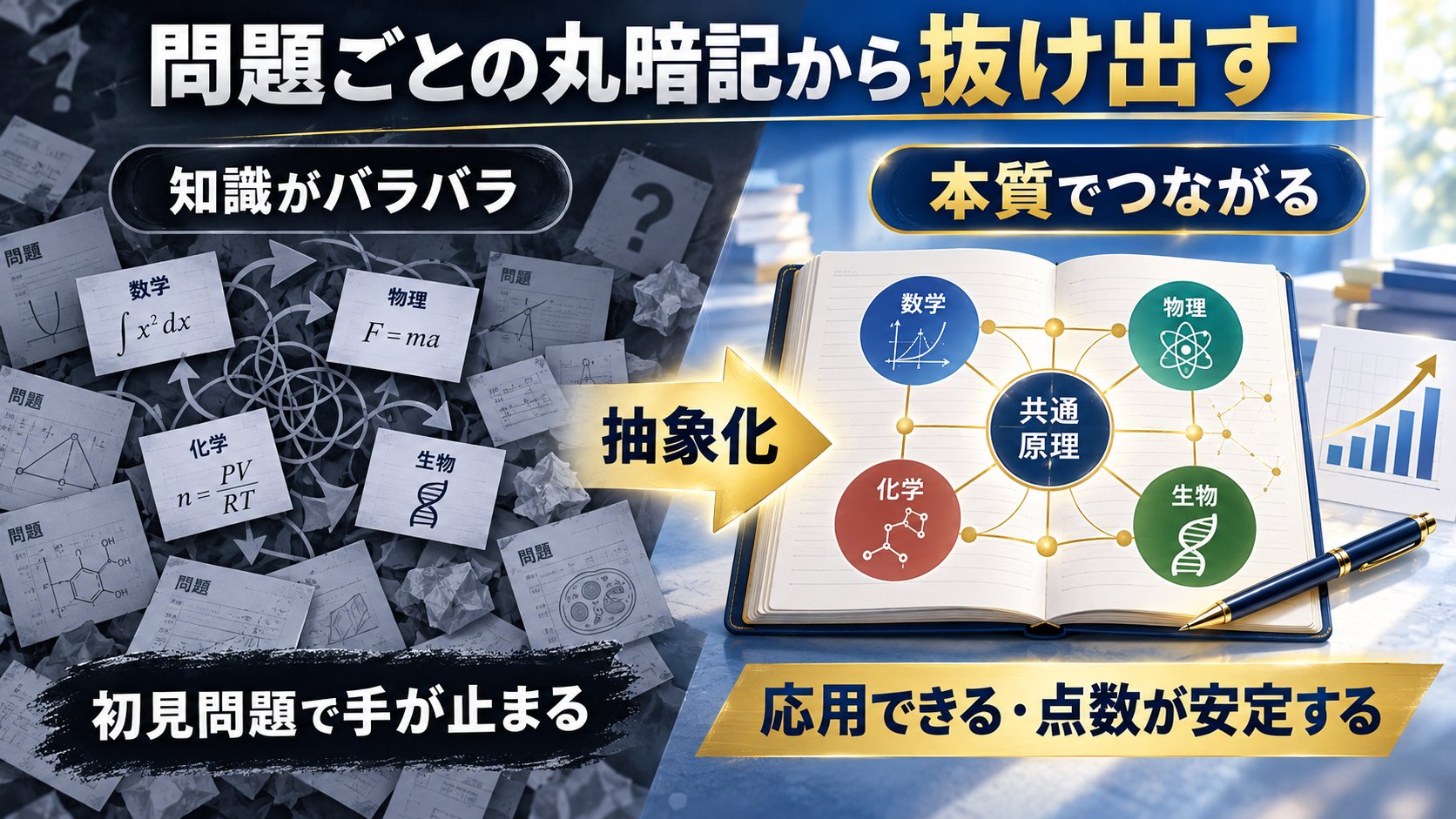 問題ごとの丸暗記から抜け出す。知識がバラバラな状態から、抽象化によって数学・物理・化学・生物が本質でつながり、応用できる状態へ