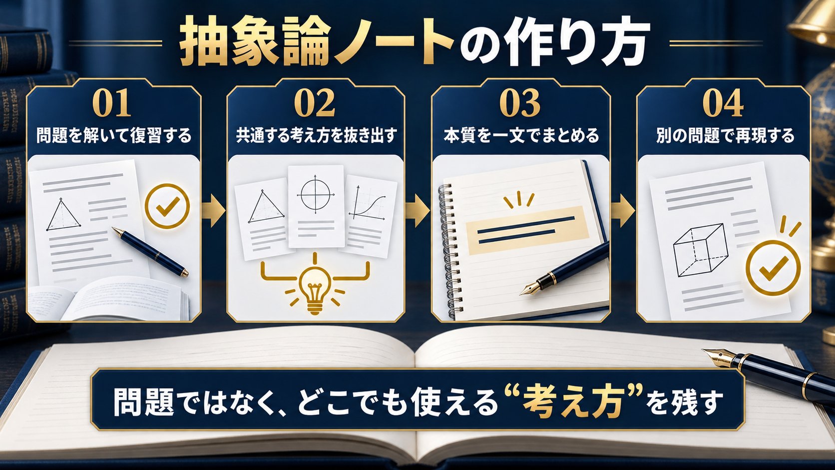 抽象論ノートの作り方:問題を解いて復習する、共通する考え方を抜き出す、本質を一文でまとめる、別の問題で再現する